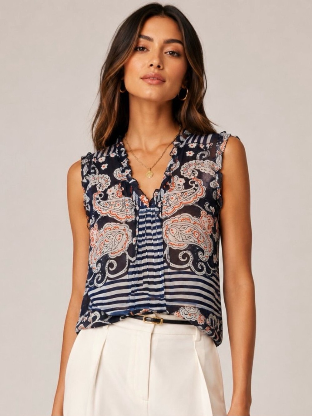 Cabi Paisley Stripe Peplum Top Semi-Sheer Ruffle Neck V-Neck Blouse | XS